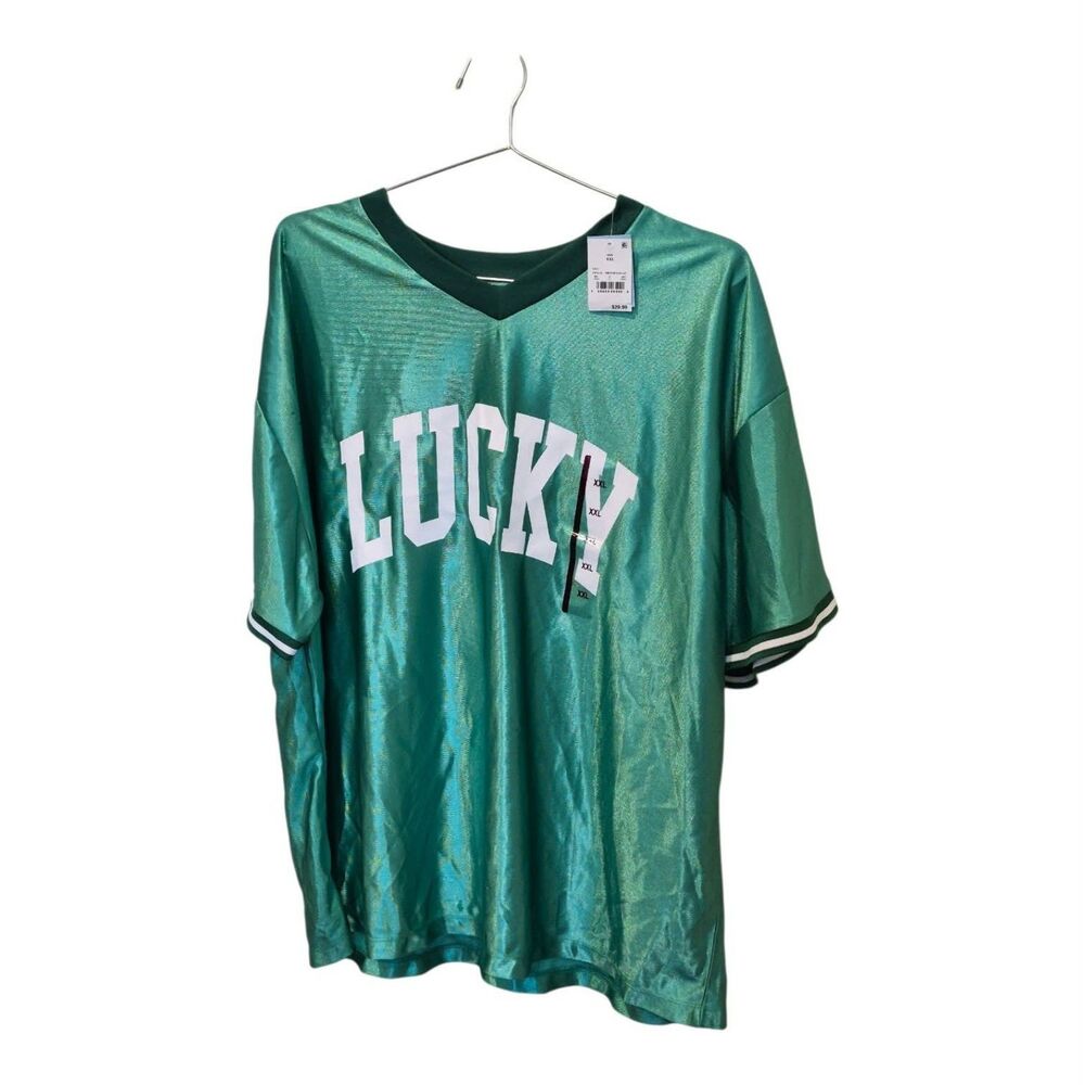 Green Lucky Graphic Oversized V-Neck Jersey Top NWT